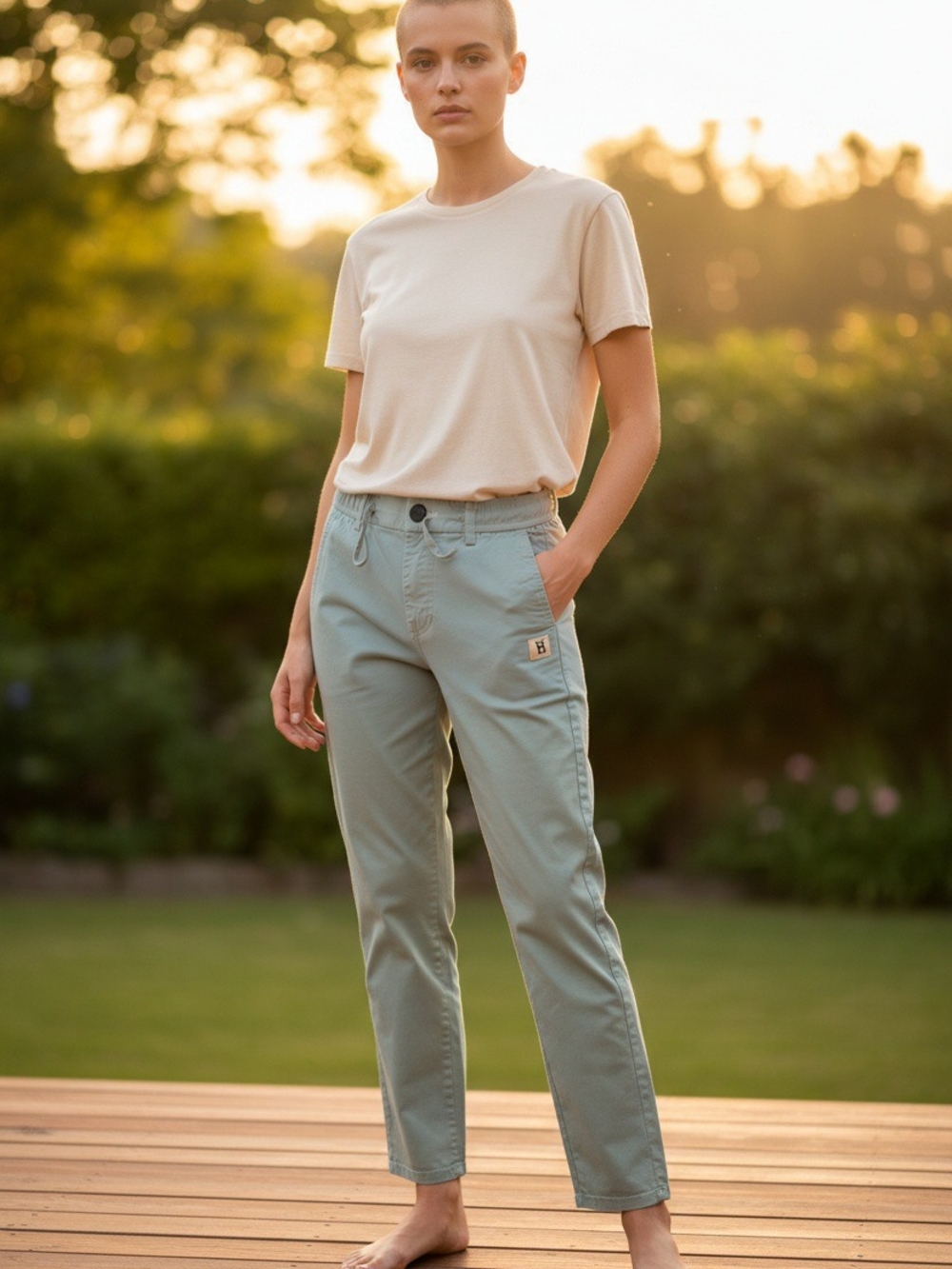 Burberry Sage Green Cotton Drawstring Elastic Waist Pants TB Logo Size 30